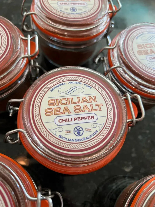 Jar of Spicy Sicilian Sea Salt infused with California chili peppers