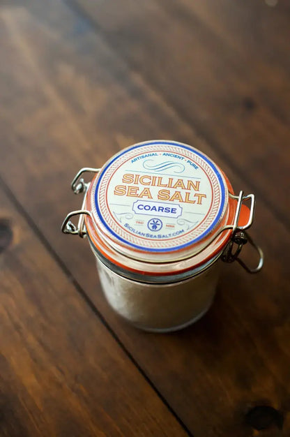 Sicilian coarse sea salt in glass jar 100% pure Mediterranean finishing salt