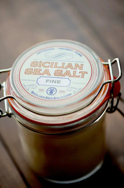 Sicilian coarse sea salt in glass jar 100% pure Mediterranean finishing salt