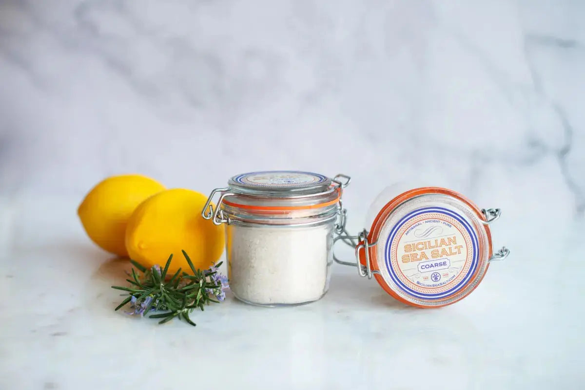 Premium coarse Sicilian sea salt jar imported from Trapani Sicily Italy