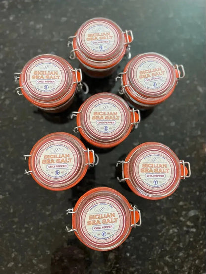 Jar of Spicy Sicilian Sea Salt infused with California chili peppers