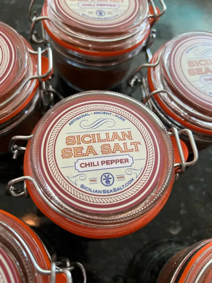Jar of Spicy Sicilian Sea Salt infused with California chili peppers
